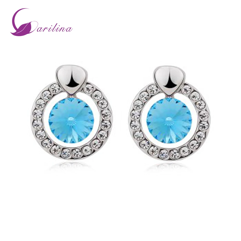 

Round Blue Austrian Crystal Silver Color Earrings Stud Earrings For Teen Girls Fashion Jewelry E2084