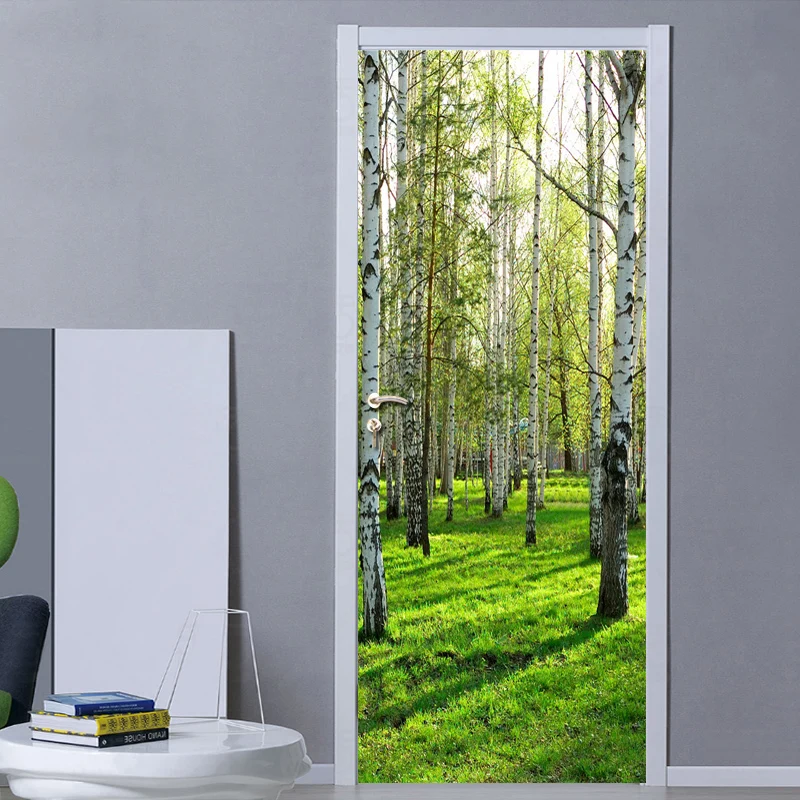 Pastoral Style 3D Green Forest Door Mural Living Room Bedroom Door Wallpaper Home PVC Waterproof Self-adhesive Door Sticker Wall