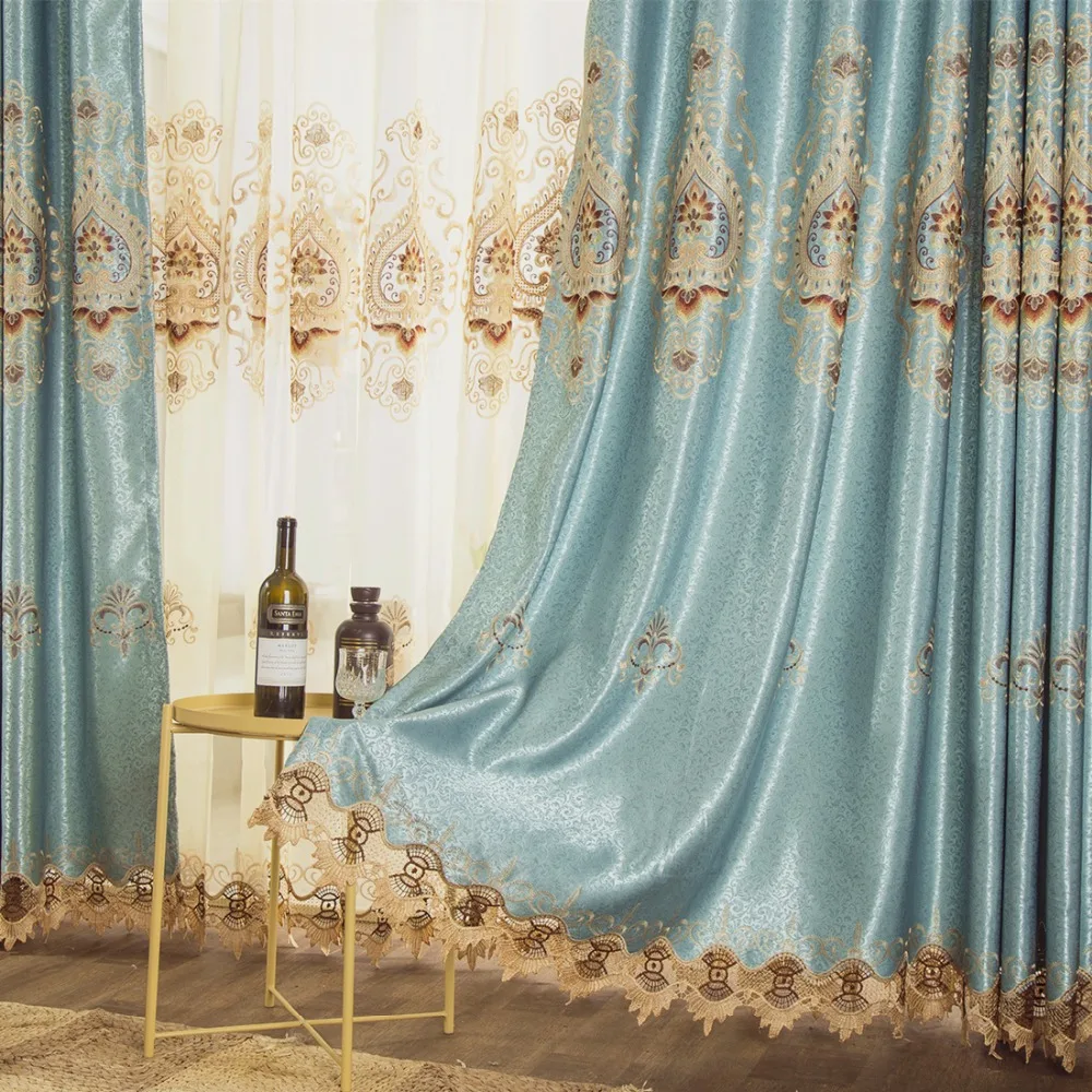 

Custom curtains luxury high quality European pastoral embroidery blue smooth cloth blackout curtain drapes tulle sheer N065