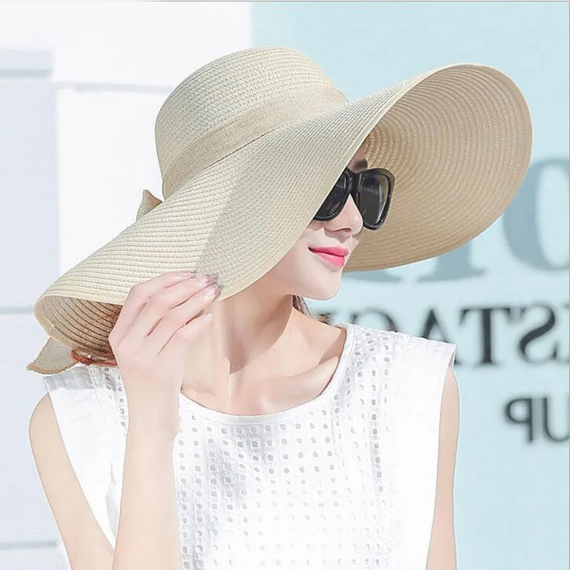 2019 simple Elegant Style Summer Large Brim Straw Hat Adult Women Girls Fashion Sun Hat Uv Protect Big Bow Summer Beach Hat