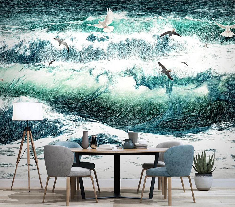 

Decorative wallpaper Hand-painted seagull wave background wall painting