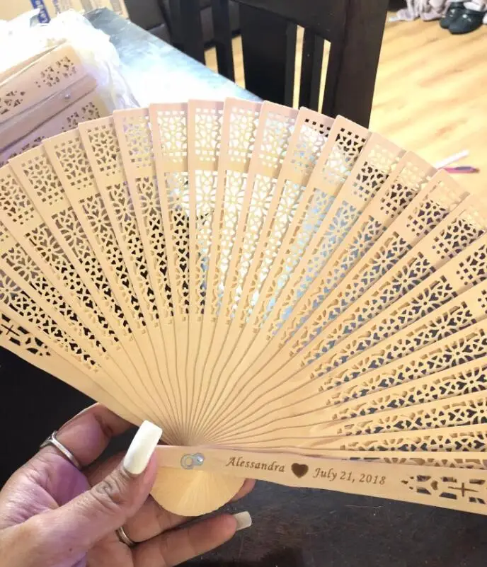 

50pcs per lot personalized Engraved Lace Wood Hand Fans, Customize wedding sandalwood hand fans for bridal shower favors gifts