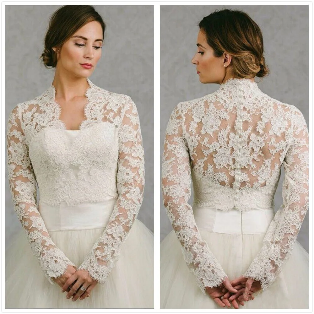 Fashion New Lace Applique Long Sleeves Wedding Bolero Jacket V Neck White Ivory Bridal Accessories Wrap Shawl Custom Size