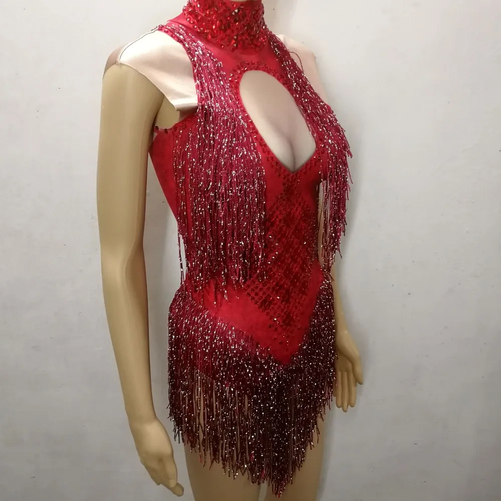 Body rojo, plateado, azul, rosa, borlas, cristales de cristal, diamantes de imitación brillantes, monos sin mangas, disfraz Sexy para discoteca DS para mujer