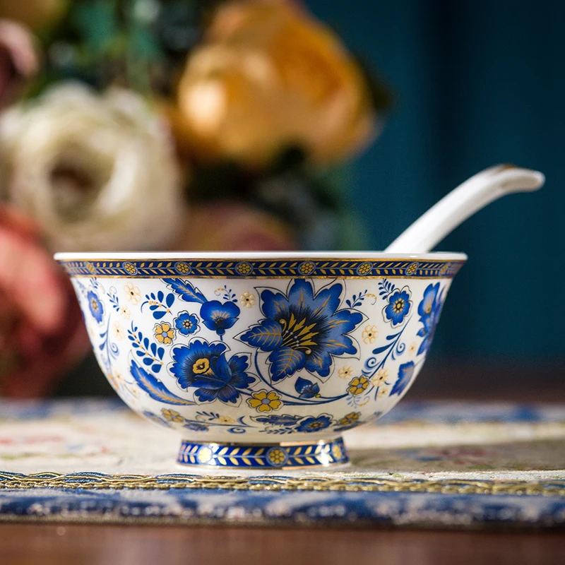 American Cutlery Vegetable Plate Household Rice Plate Ceramic Plate Set European Blue and White Enameled Bone Porcelain Fis