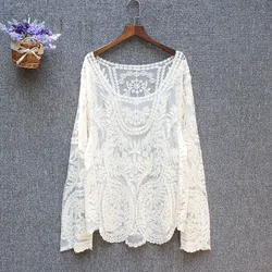 Loose Tops Ladies Spring Summer Sexy Transparent Beach Cover Up Hollow Out Crochet Lace Shirt Women Long Sleeve Lace Blouses