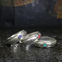 R097 Tibet Mantras Ring Tibetan Spin Luck Rings for Man OM MA PADME HUM