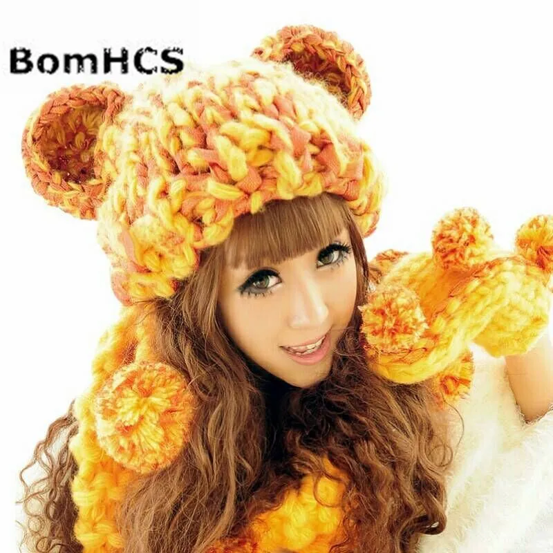 BomHCS Beanie+ Gloves+ Scarf 100% Handmade Knit Hat Neckerchief Mittens Cute Ears Soft Pompoms