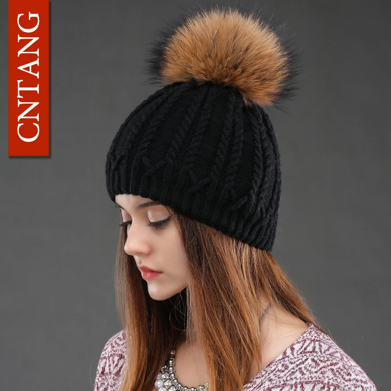 Women Double Deck Knitted Wool Hat Winter Natural Raccoon Fur Warm Caps Female Pom Pom Hats Ladies Fashion Skullies Beanies Cap