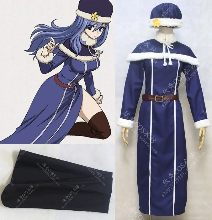 

Juvia Loxar cosplay costume new version full set blue dress+cape+hat gift socks 11