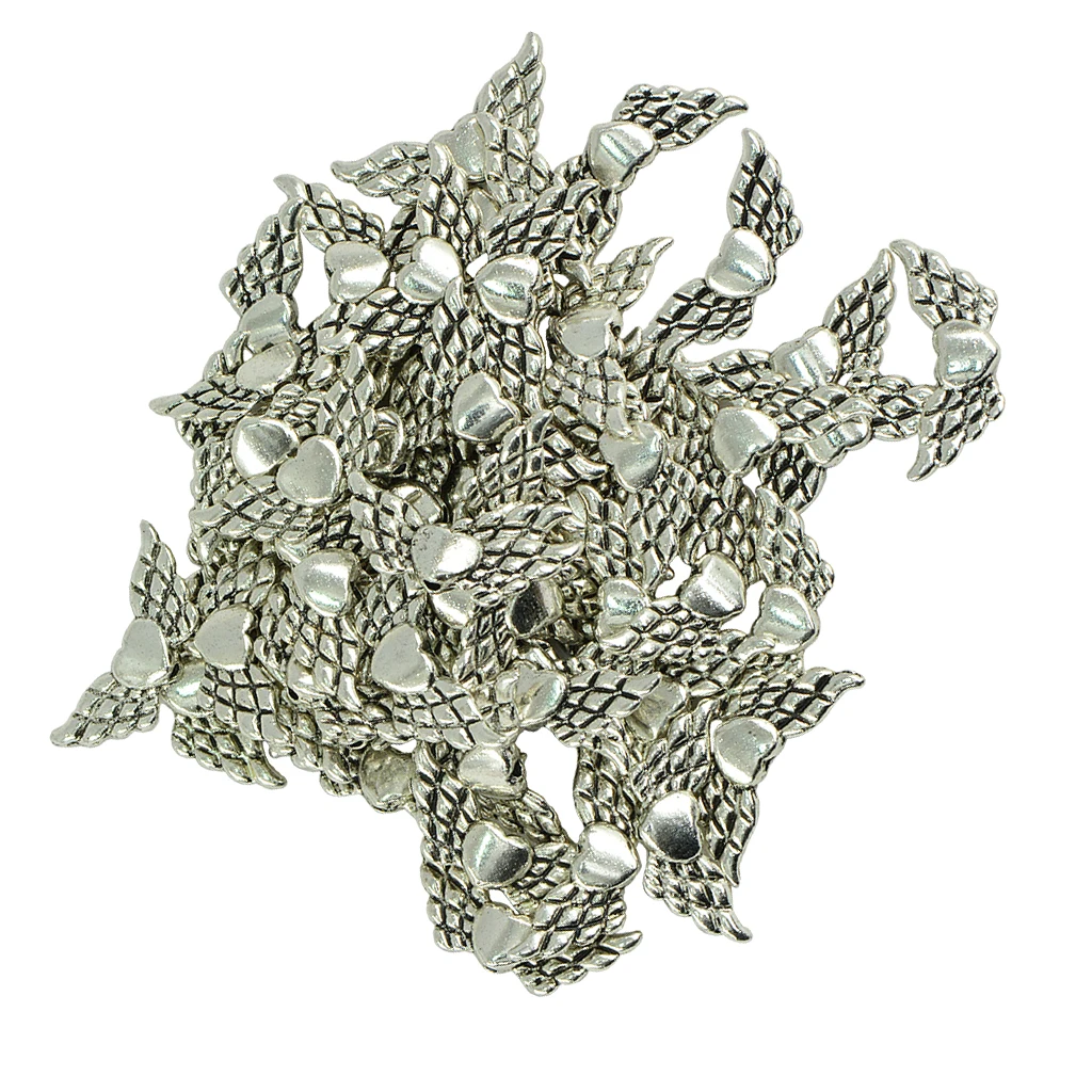 50 Pieces/ Lot Angel Wing Loving Heart Charms Loose Spacer Beads Jewelry DIY Findings Crafts Antique Mental