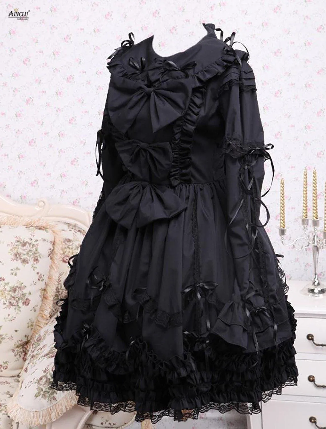 Spring/Autumn Middle-Long Dress Ainclu XS-XXL Womens Party Black Long Sleeves Turndown Collar Bows Cotton Gothic Lolita Dress