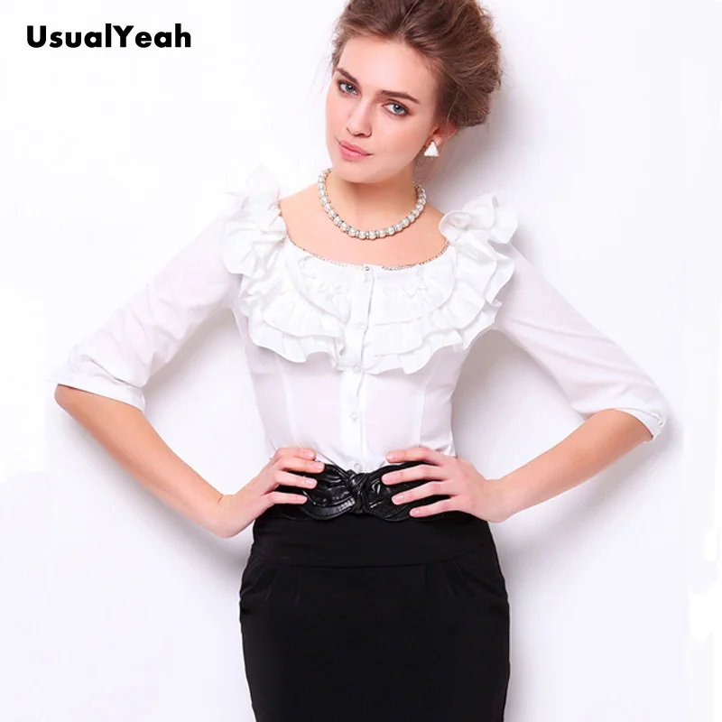 UsualYeah Elegant Tiered Ruffles Slash Neck Bodysuit Autumn 3/4 Sleeve Metal Chain Body Shirt and Blouse Beige S M L XL