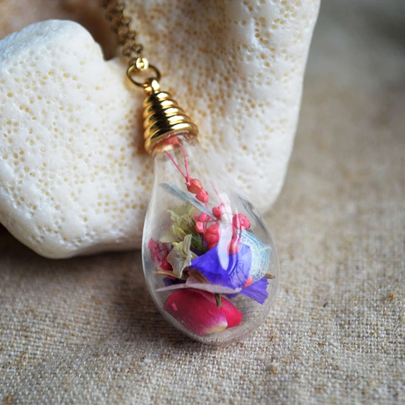 Babysbreath Rose Forgetmenot Hydrangea Drop Glass Pendant Gold Color Chain Long Necklace Women Boho Fashion Jewelry Handmade