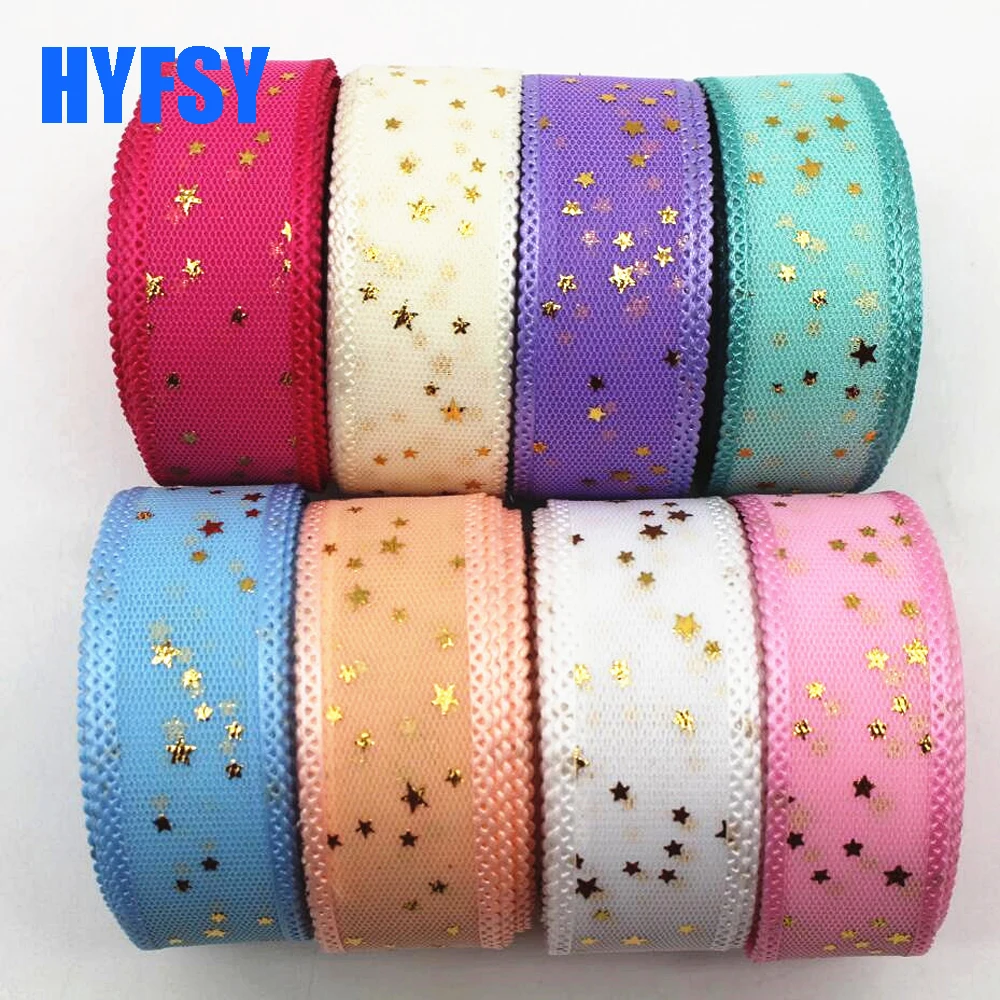 20 Yards 25MM Gold Star Pentacle Lace Ribbon DIY Handmade Material Hair Bows Accessories Colorful Gift Wrapping