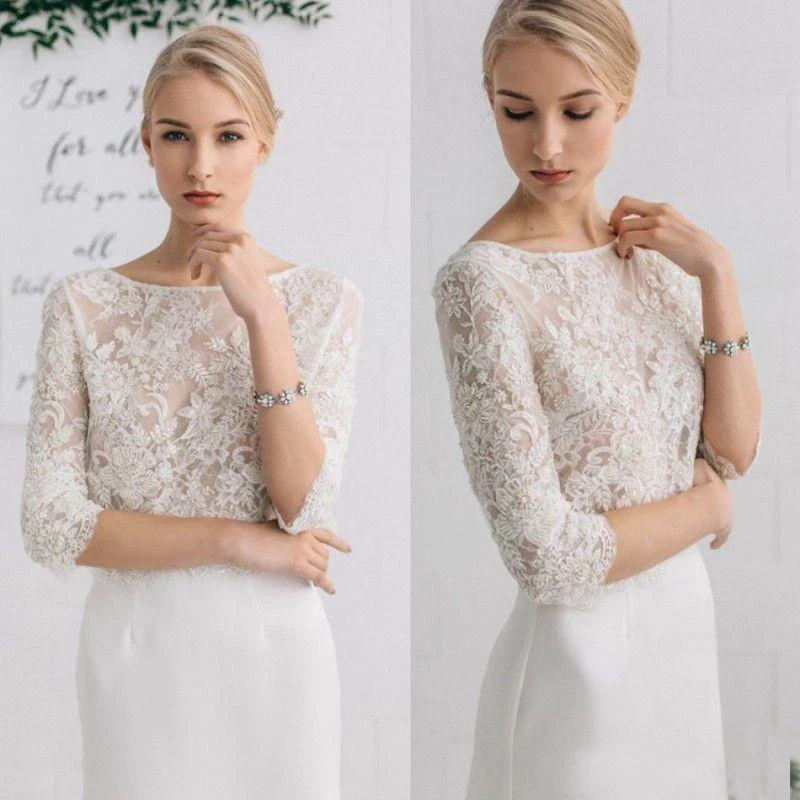 Vintage White Ivory Lace Wedding Wraps Women Jacket 3/4 Long Sleeves Scoop Neck Bridal Bolero Shrug Custom Size Jackets