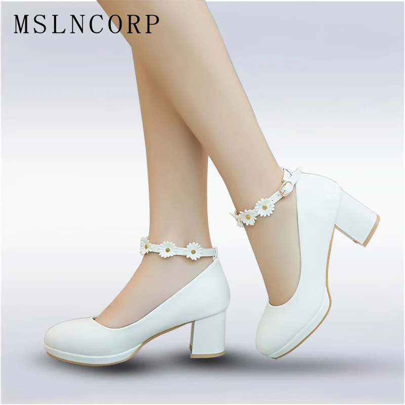 

plus size 34-43 Women Bridal High Heels Pumps flowers Ankle Strap Platform Dress Shoes Wedding Shoes zapatos Ladies Office Pumps