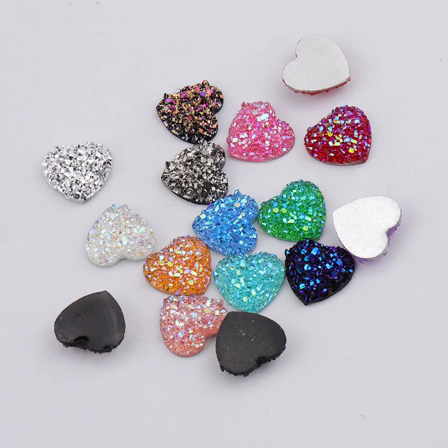 Fnixtar 50Pcs 12mm Resin Faux Druzy Heart Cabochon Flatback Glitter Imitation Crystal Stone Resin Cabochon For Charms Earrings