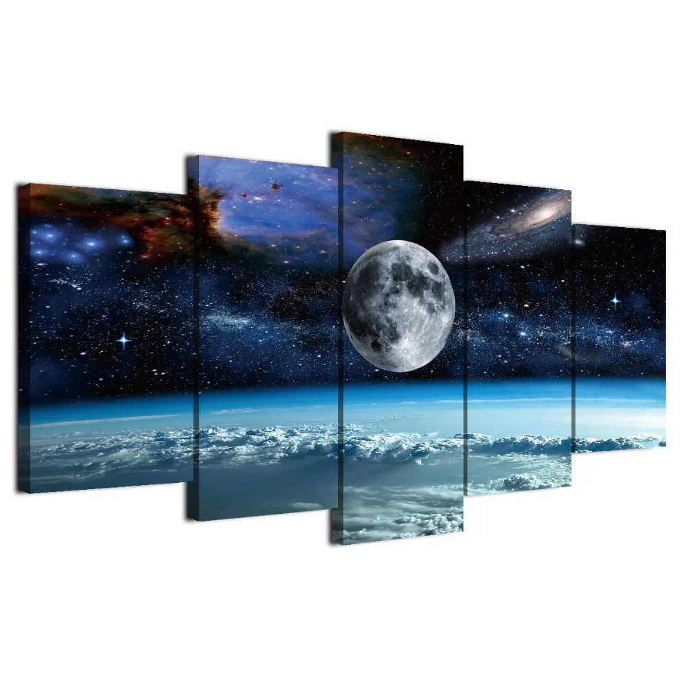 Print 5 Pieces Canvas Art Space Universe Moon Stars Painting Modular Framed Canvas Home Decor Poster For Living Room CU-1486C