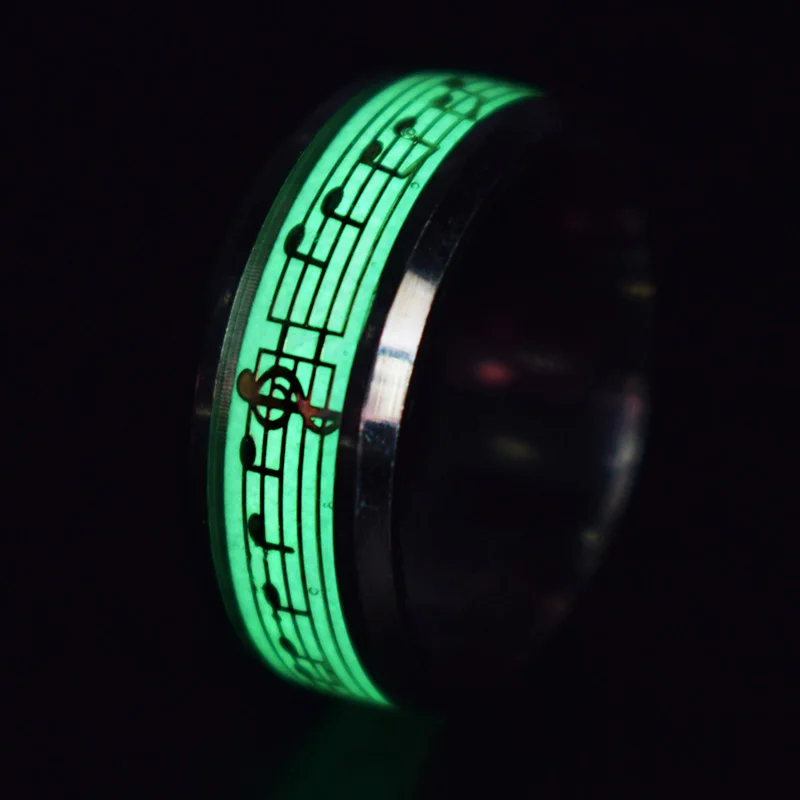 Stainless Steel Music Stave Luminous Rings Men Jewelry Fluorescent Glowing Inlay Jesus Letter Rings for Women Jewelry