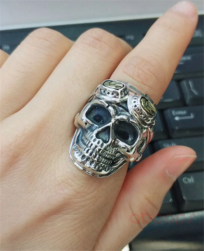 Punk 925 Sterling Silver Pilot Skull Ring with Glasses for Men Boys,Adjustable Size 8.5-11,Free Shipping