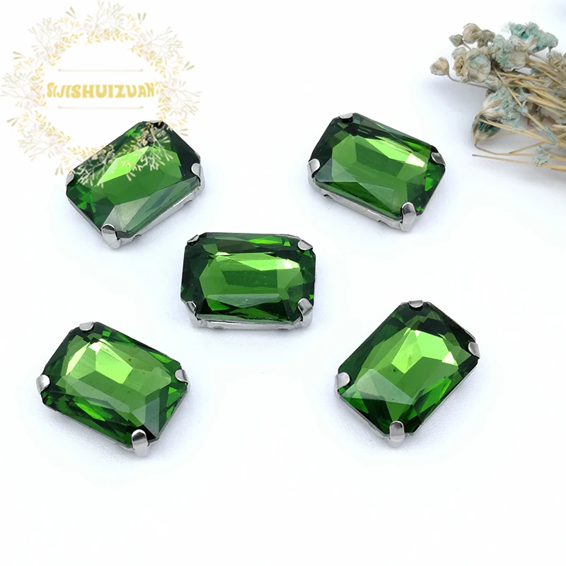 Emerald Rectangle Shape Glass Rhinestones With Silver Claw Sew On Crystal Stone Strass Diamond Metal Base Buckle For Clothes