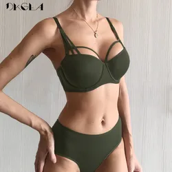 Conjunto de ropa interior Sexy para mujer, Sujetador de algodón verde, Push Up, Copa 2020, negro, sujetador de encaje con escote en V profundo, novedad de 3/4