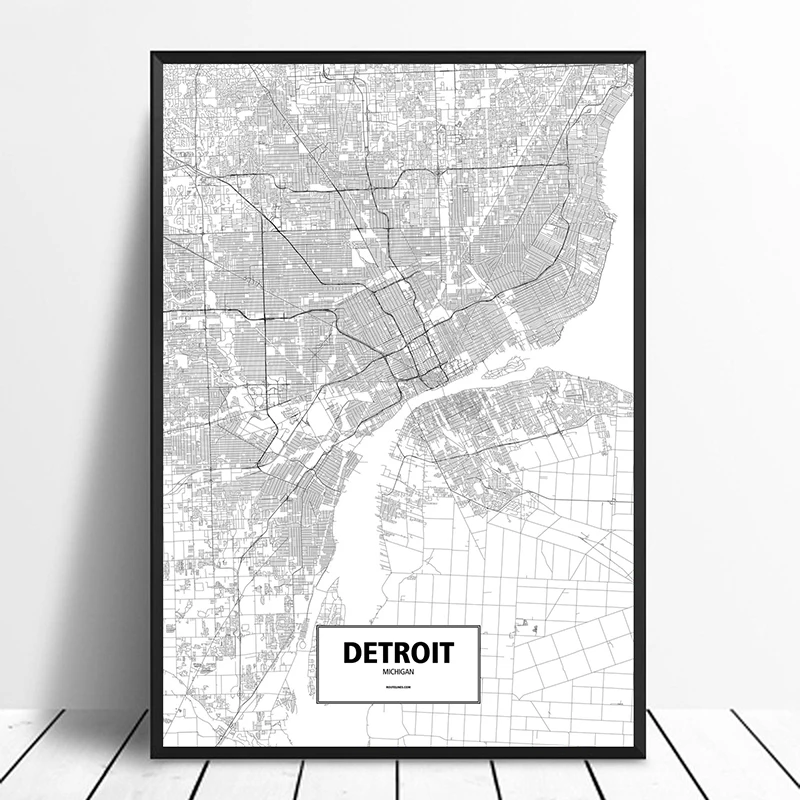 DETROIT, MICHIGAN, UNITED STATES Black White Custom World City Map Poster Canvas Print Nordic Style Wall Art Home Decor