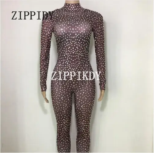 

Fashion Sparkly Silver Crystals Coffee Sexy Full Rhinestones Bodysuit Women Birthday luxurious Outfit Evening Costume Wear