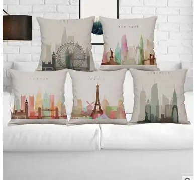 European city landscape printed cushion cover architecture cotton linen pillowcase waist pillow cover Paris Tower London Big Ben