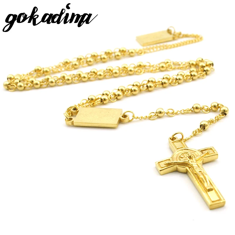 GOKADIMA 2017 New Gold Color Stainless Steel Men Jewelry Beads Cross Pendant Rosary Necklace Women Party Gift HIP HOP WRN18