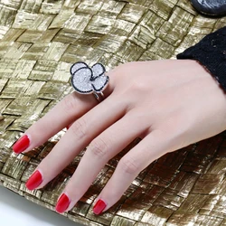 Statement Flower Ring for Women – Large Black & White Crystal, Trendy Fashion Jewelry