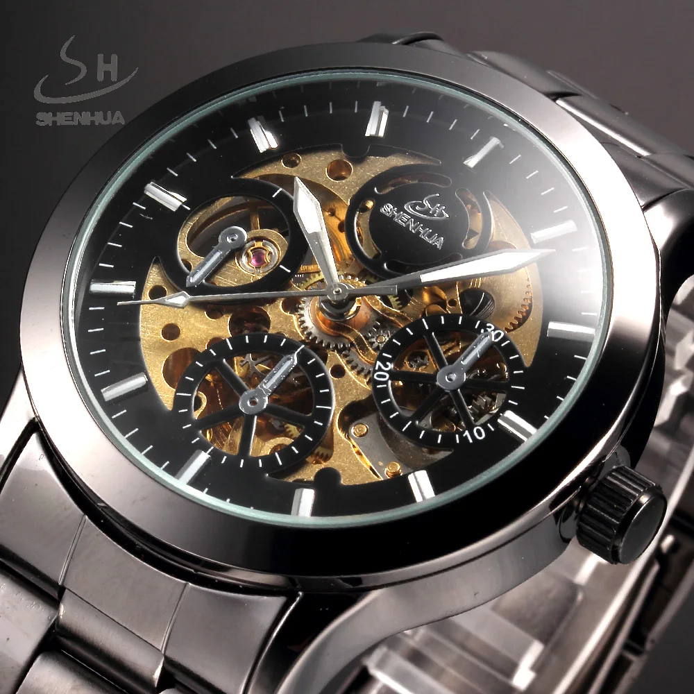 

SHENHUA Vintage Men Hollow Skeleton Mechanical Watches Analog Male Clock Brown Stainless Steel Strap Automatic Self Wind Watch