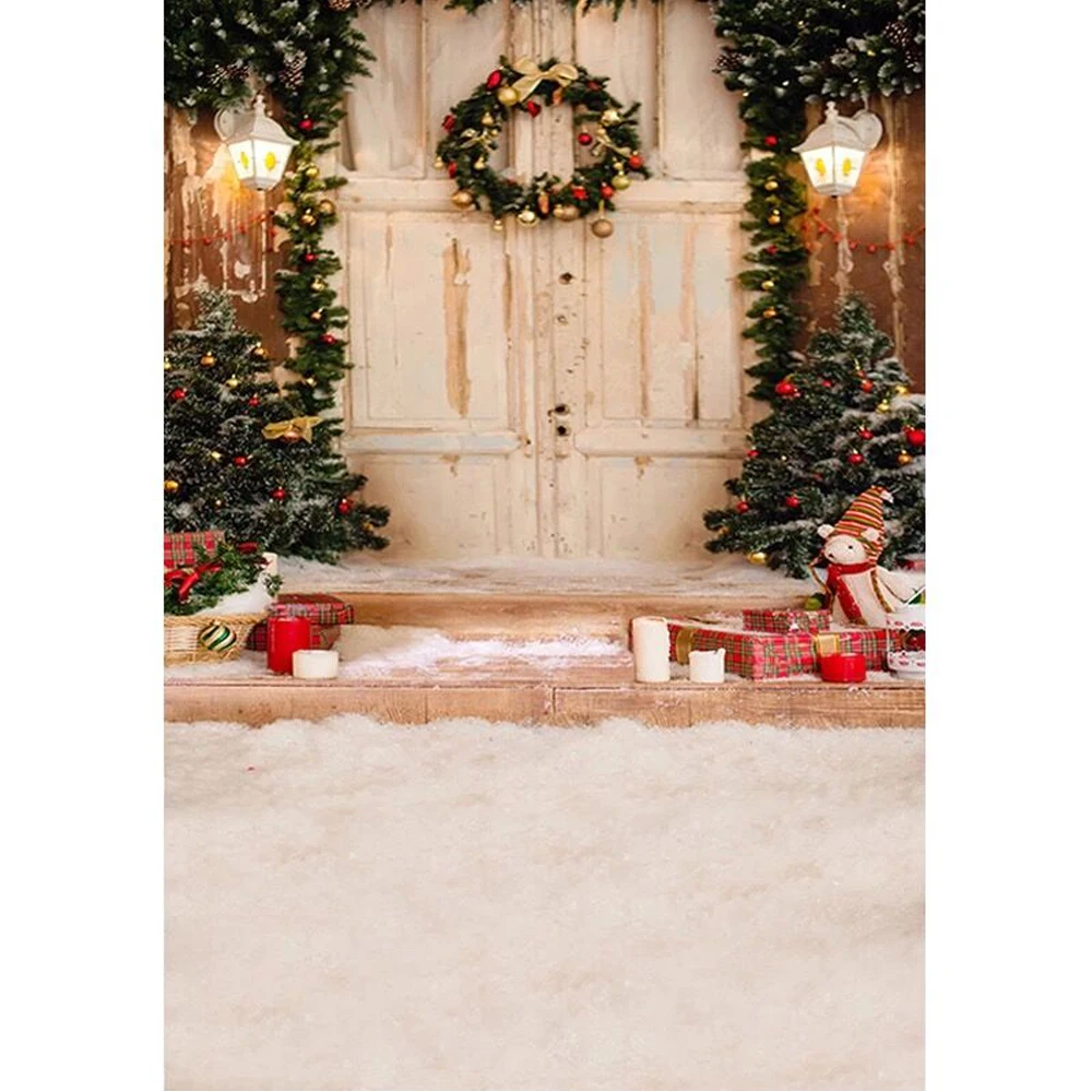 

Wooden Door Photography Backdrop Christmas Trees Printed Garland Kids Children Xmas Party Photo Background Toile De Fond Noël