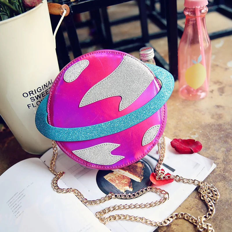 Laser Circular Planet Shape Pursess and Handbags for Young Girls Cute Cartoon Women Chain Crossbody Bag Fashion Novetly Clutch