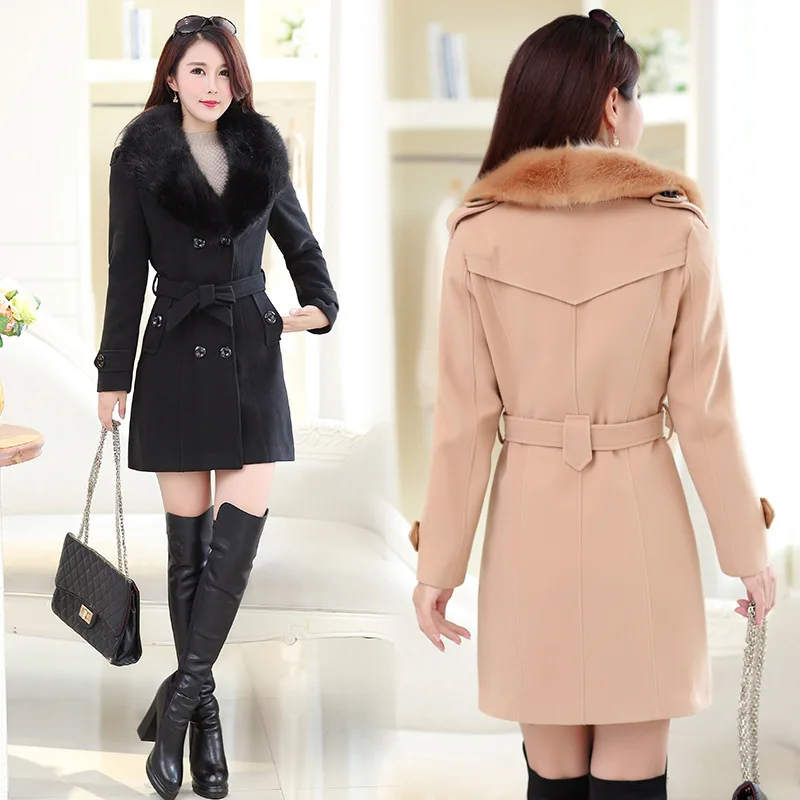 High-quality woolen coat women\'s long section 2018 winter Korean women\'s hair collar woolen coat double-breasted coat DF01