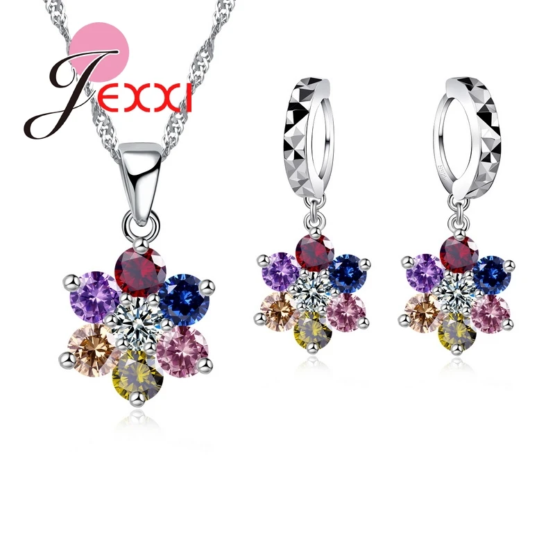 Exquisite Multi Color Cubic Zirconia Flower Necklace Crystal Drop Piercing Earrings 925 Sterling Sivler Jewelry Sets