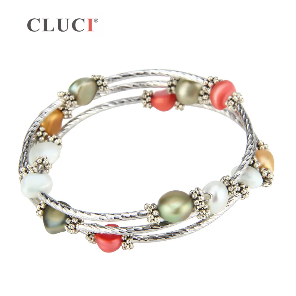 CLUCI colorful 6-7mm freshwater pearls wire wrap bracelet adjustable  bracelet jewelry for women party jewelry FB2006SB