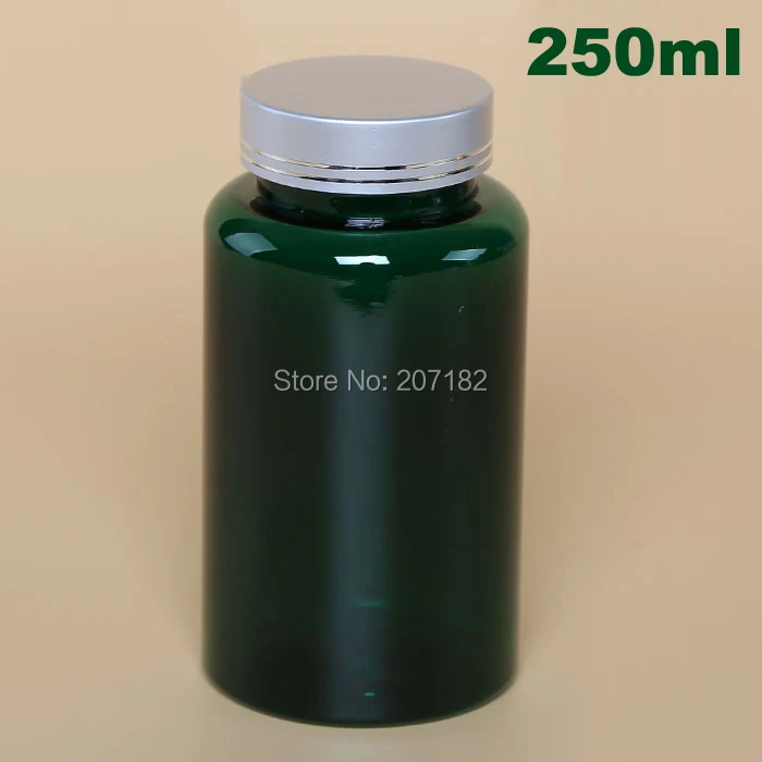 (100PCS/Lot) 250ml PET Medicine Bottle, Plastic Caspule Bottle, Sample Bottle~Translucent Dark Green Color+ Silver Metal Cap