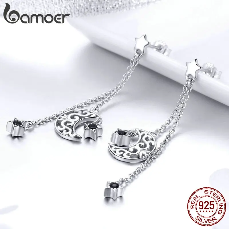 BAMOER Trendy New 925 Sterling Silver Star And Moon Long Chain Drop Earrings for Women Black CZ Sterling Silver Jewelry SCE528