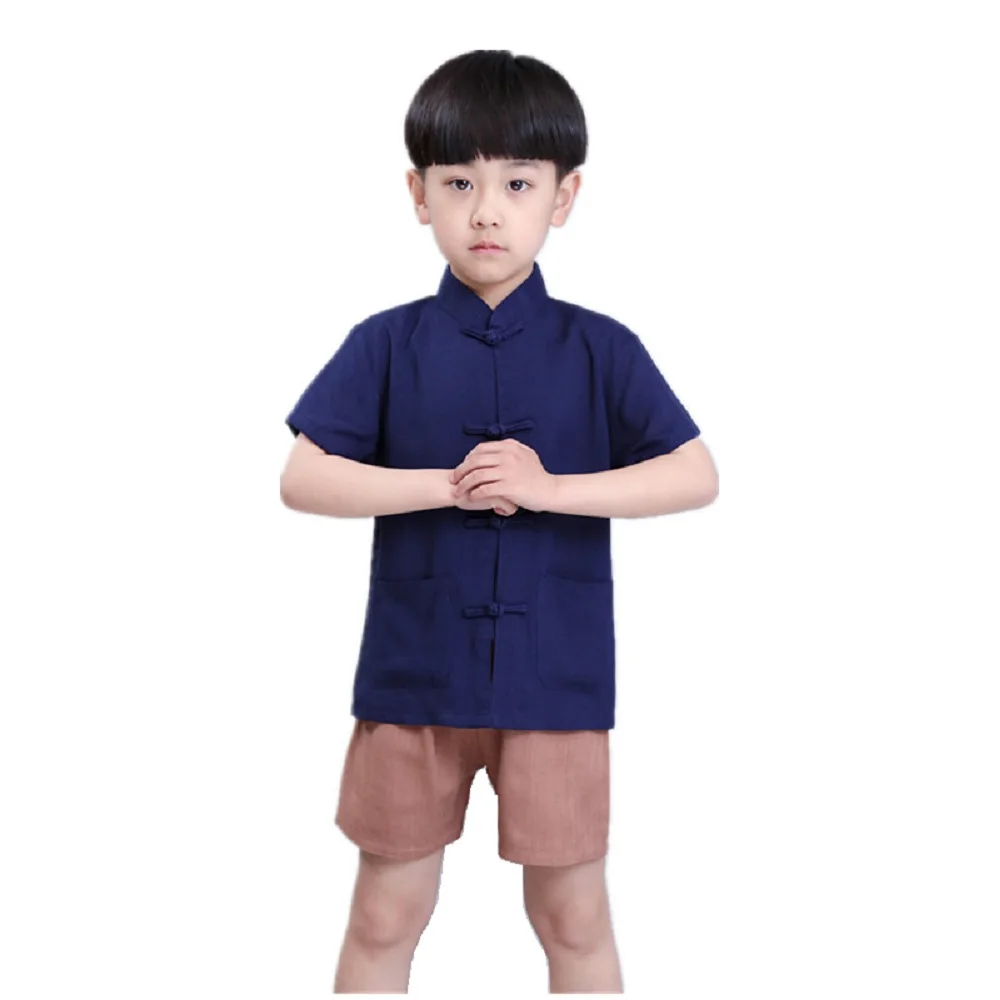Kungfu Baby Boy Clothes Suits Chinese Traditional Costumes Children Tee Shirt Short Pant Tang Suit Linen Breathable Jersey Tops