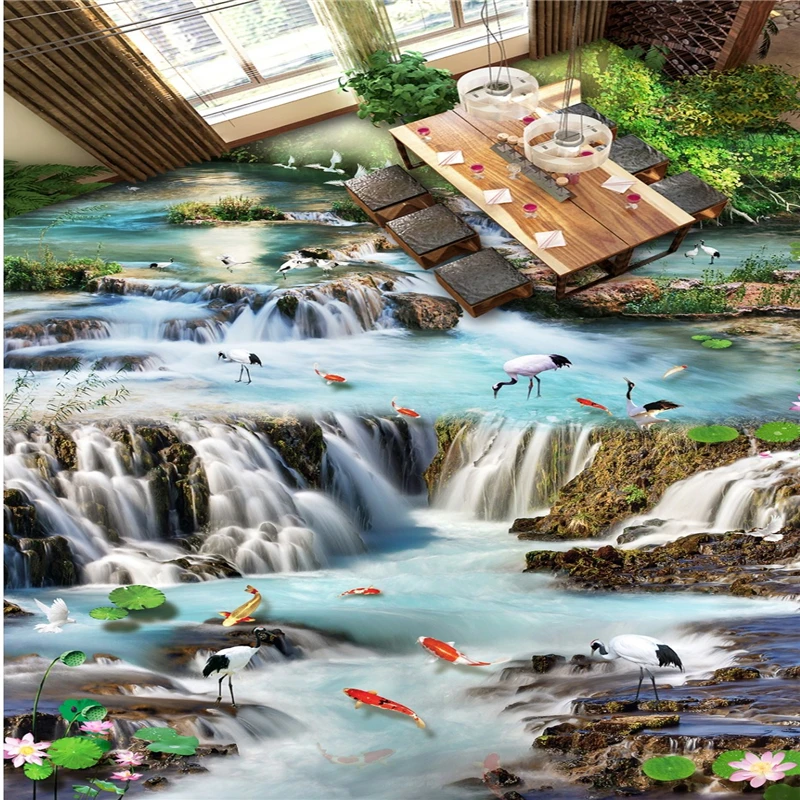 wellyu Flowing Water Falls Fairyland Dream Lotus Salmon Crane 3D Flooring Custom Large Mural Flooring Stickers