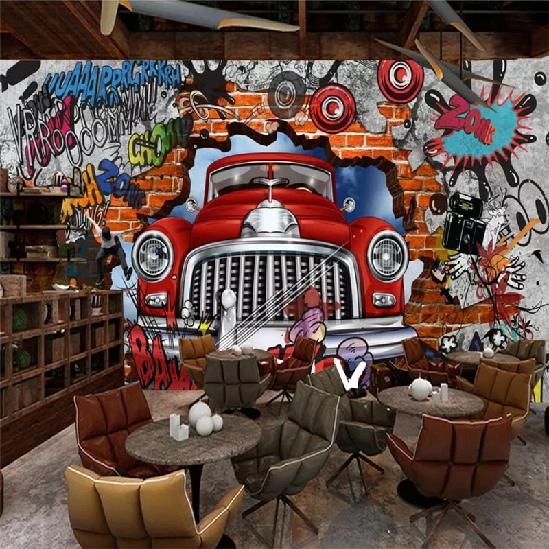 

beibehang Custom wallpaper 3D mural retro nostalgic European brick wall car graffiti large living room wallpaper papel de parede