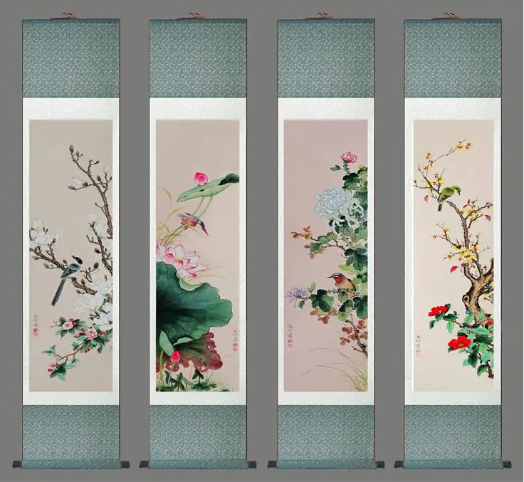 

4pc/lot flower painting silk scroll painting traditional flower painting Chinese flower picture In wash painting