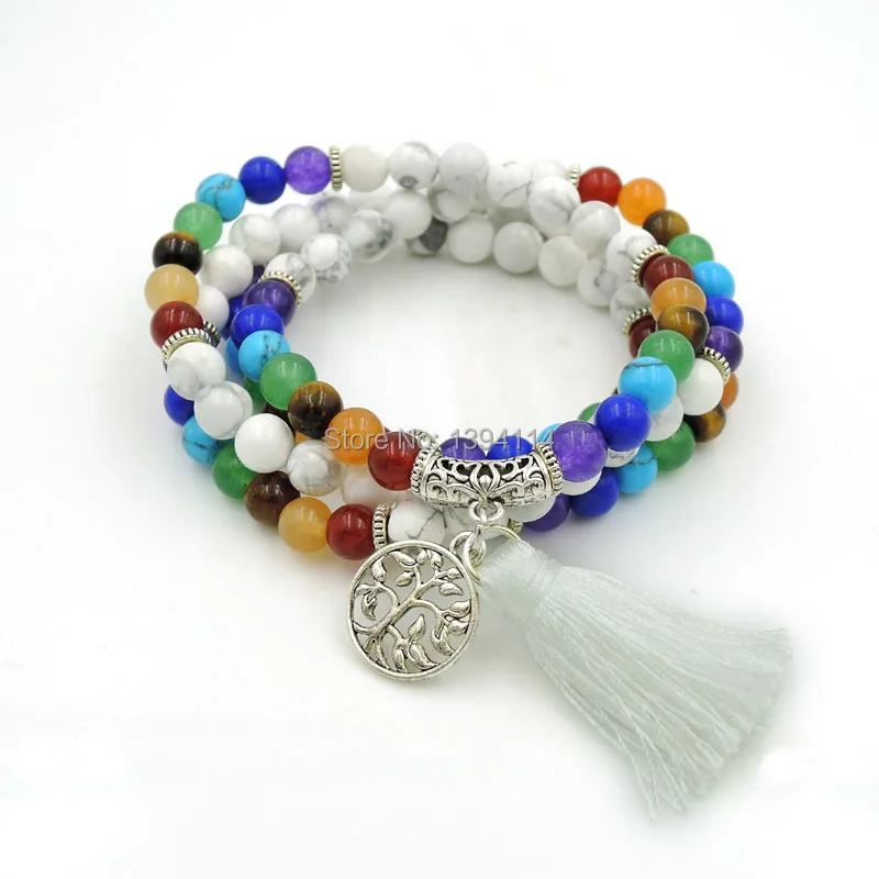 

Balance Combination Of White Howlite And Chakela Stone Elasticated Beaded Bracelet Tree Life Accessory With Tassel