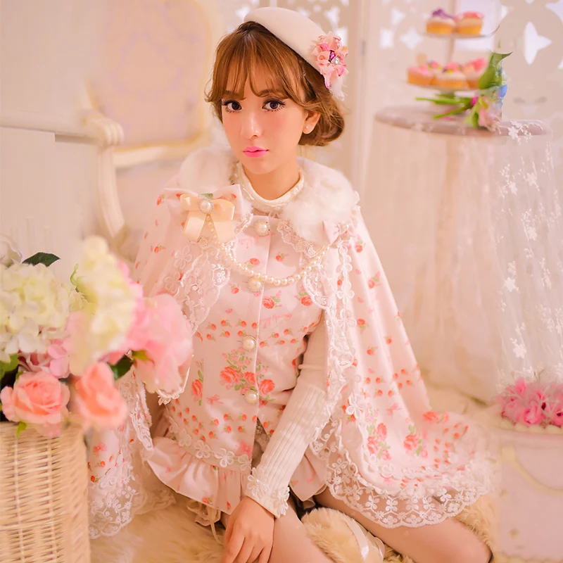 Princess sweet lolita cloak Candy rain winter sweet fur collar wool and cashmere shawls coat female floral cloak C22CD7221