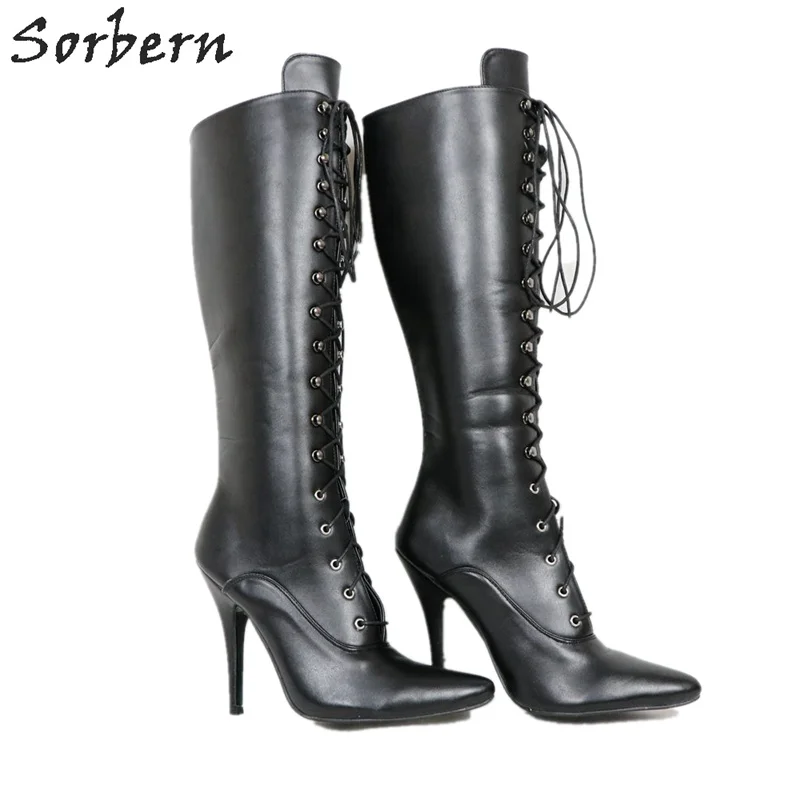 Sorbern Mode Kniehohe Stiefel Für Frauen Lace Up Nach Breite Fit Kalb Stiefel Frauen Schuhe Größe 42 Große Größe harte Welle Boot