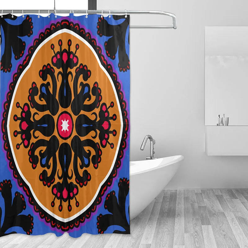 Uzbek Pattern Shower Curtain 100% Polyester Waterproof Bath Curtain Fabric for Bathroom with 12 Hooks