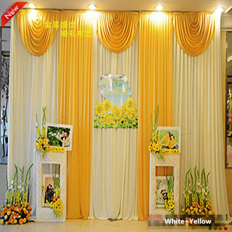 Fashion 3*3m( 10ft*10ft) Wedding Backdrop Curtain with Yellow Swag Wedding Decoration Ice Silk Stage Backdrop Curtains