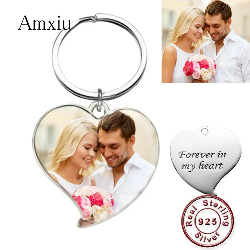 

Amxiu Personalized Photo Keychains 925 Sterling Silver Heart Pendant Key Chain Custom Family Photo Key Chains For Women Jewelry